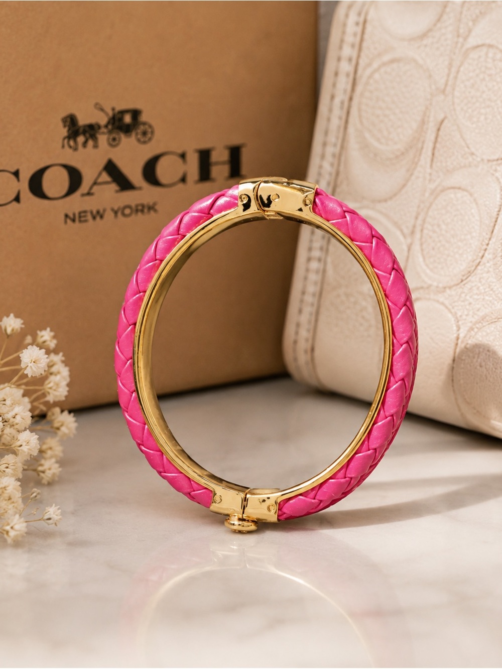 Coach Hot Pink Braided Leather Hinged Bangle Bracelet Gold Tone